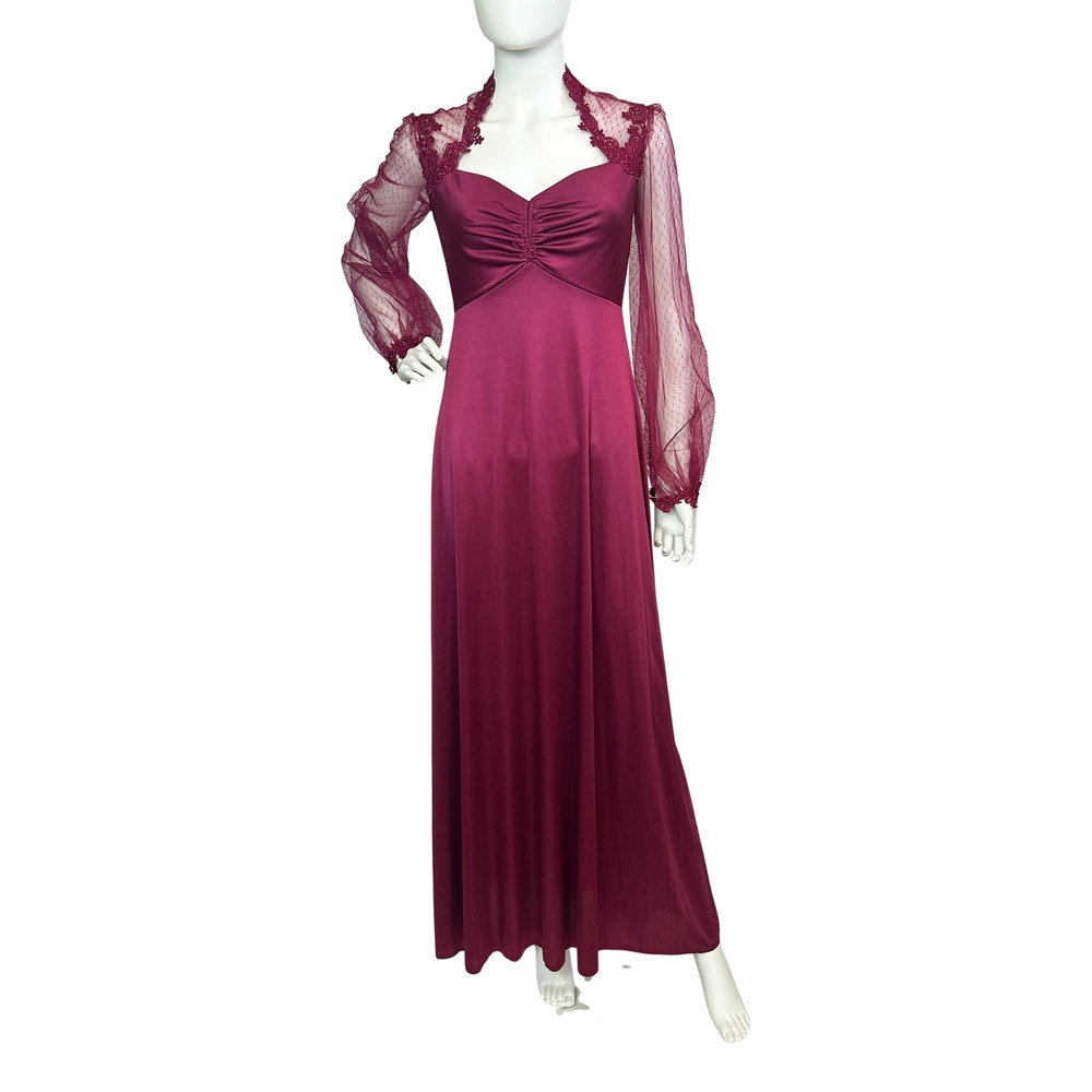 Vintage 70s Bridesmaid Burgundy Lace Long Sleeve Maxi Gown Formal Dress